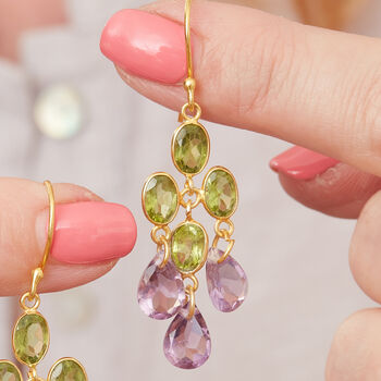 Amethyst Green Peridot Gold Plated Silver Drop Earrings, 3 of 11