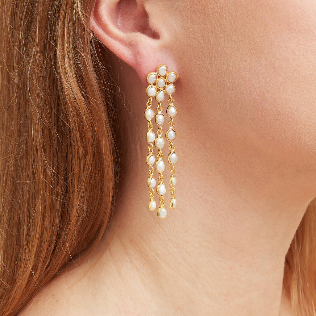 Pearl Gold Plated Silver Chandelier Statement Earrings By Rochejewels