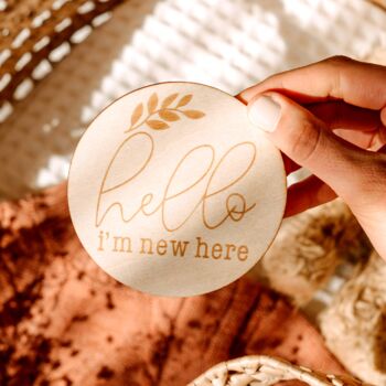 Wooden Baby Announcement Hello Engraved Sign, 2 of 9