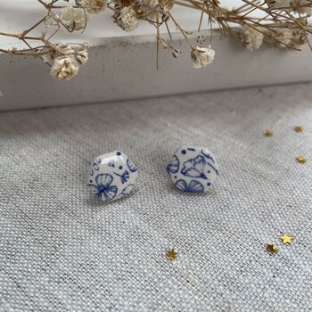 Blue Floral Ceramic Hexagon Earrings Vintage Blue, 7 of 11