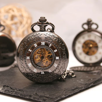 Engraved Black Plated Pocket Watch Intricate Design, 4 of 6