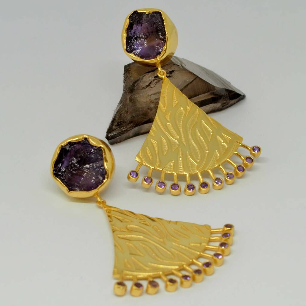 Raw Purple Amethyst Gold Drop Earrings, 1 of 3