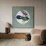 Black Tailed Trogon Moon Art Print – Vintage Japandi Style – Range Of Colours, thumbnail 1 of 6
