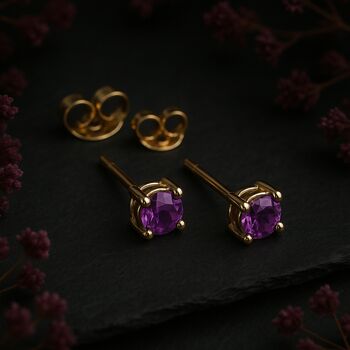 Solid 9ct Yellow Gold February Amethyst Birthstone Stud Earrings, 4 of 5