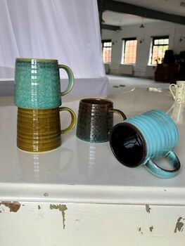 Set Of Four Reactive Glaze Mugs In Lagoon Glazes, 6 of 9