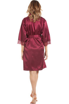 British Made Burgundy Short Satin Dressing Gown With Lace Detail, 4 of 5