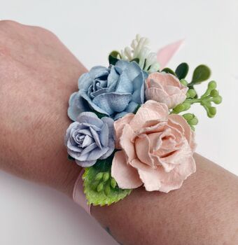 Blush Pink And Blue Flower Wrist Corsage, 2 of 4