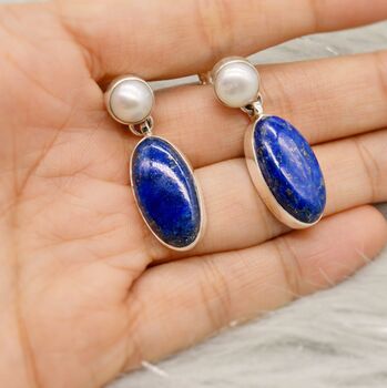 Lapis Lazuli And Pearl Sterling Silver Earrings, 4 of 9