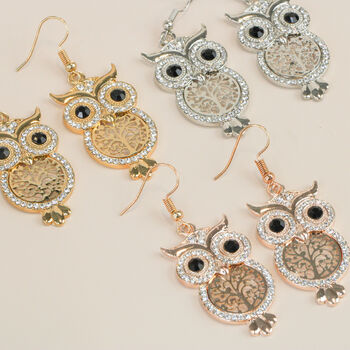 Silver/Gold Plated Encrusted Owl Earrings, 2 of 10