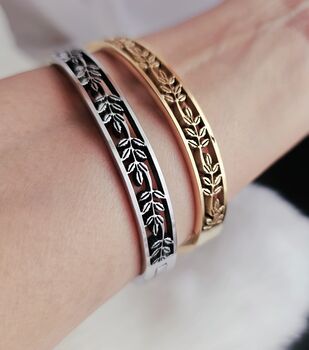 Leaf Cut Out Hinged Bangle 18 K Gold And Silver Plated Stainless Steel Bracelet Nature Inspired Jewellery Gift For Her, 2 of 6