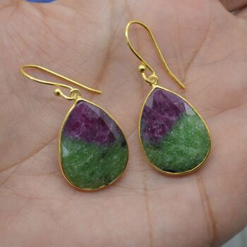 Ruby Zoisite Earrings: Gold Plated Silver, Anyolite, Teardrop Or Rectangular Dangle Drop, 11 of 12