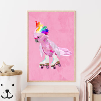 Personalised Pride Pink Cockatoo Rollerskates Art Print, 2 of 6