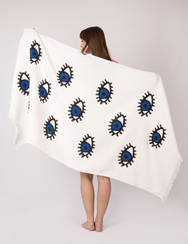 White With Dark Blue Eye Organic Cotton Peshtemal Towel, 4 of 6