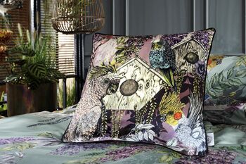 Bird Sanctuary Soft Purple Square Cushion With Birds, Bird Houses, And Trailing Wisteria, 2 of 7