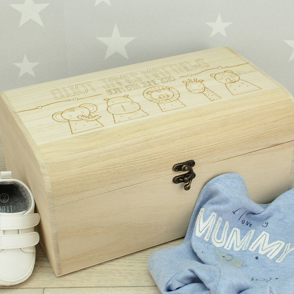 New Baby Animal Engraved Wooden Baby Keepsake Chest By Dreams To