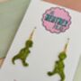 Green T Rex Dinosaur Glitter Resin Earrings / Dinosaur Lover Gift / Prehistoric Statement Jewellery / Cute Accessories, thumbnail 3 of 5