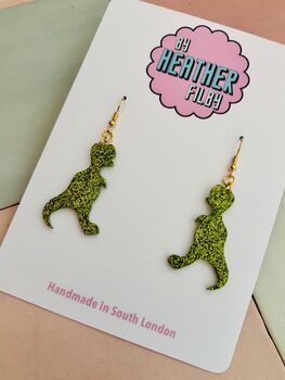 Green T Rex Dinosaur Glitter Resin Earrings / Dinosaur Lover Gift / Prehistoric Statement Jewellery / Cute Accessories, 3 of 5