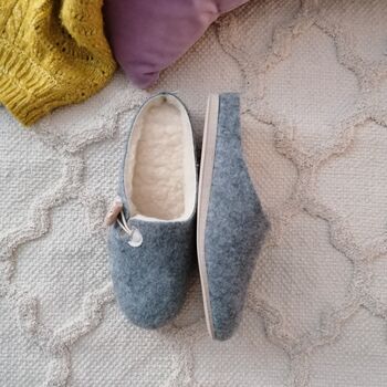 Grey Felt Mule Slippers With Cream Leather Details, 2 of 7