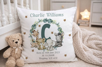 Kids Personalised Safari Birth Announcement Cushion, 2 of 3