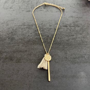 Gold Plated Charm And Grey Tassel Necklace, 3 of 4