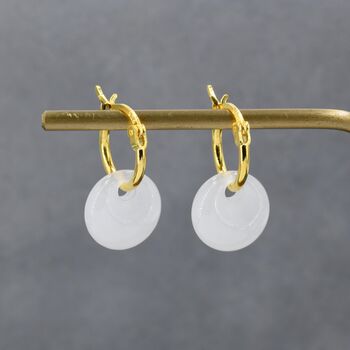 Sterling Silver Genuine White Jade Donut Huggie Hoop Earrings, 4 of 11