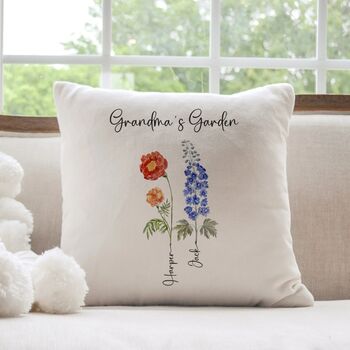 Grandma's Garden Cushion – Personalised With Grandchildren's Names And Birth Flowers, 4 of 4