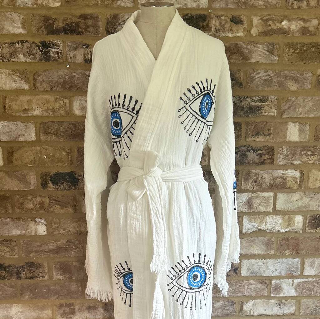 Long Organic Cotton Robe: White With Blue Eye, 1 of 3