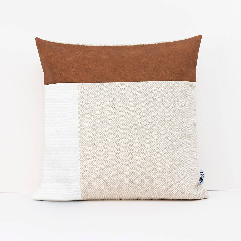 Geometric Pillowcase Navy Linen And Tan Faux Leather By Linen and ...