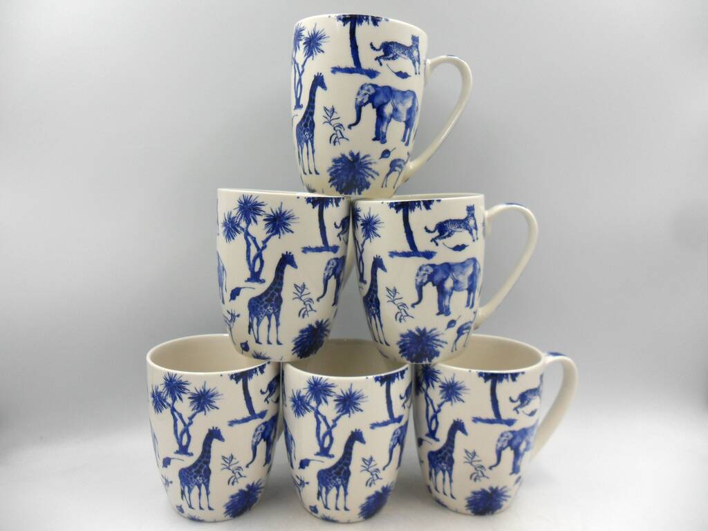 Set Of Six Aspen Mugs In Blue Safari Design, 1 of 12