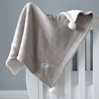 Personalised Grey Cable Knit Pom Pom Blanket, 6 of 12