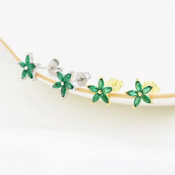 Sterling Silver Emerald Green Cz Flower Stud Earrings, 5 of 12