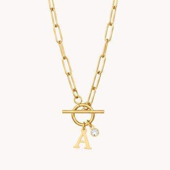 Gold Initial And Birthstone Paperclip T Bar Necklace, 2 of 7