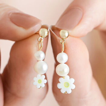White Millefiori Flower Drop Earrings In Gold, 2 of 4