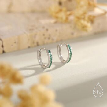 Skinny Emerald Green Cz Huggie Hoop Sterling Silver, 5 of 10