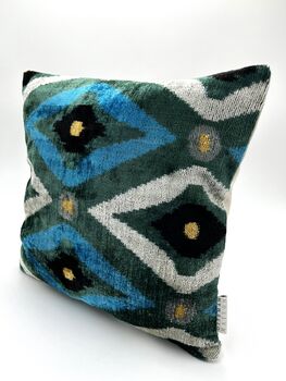 Square Velvet Ikat Cushion Blue Green And Black Diamond, 3 of 9