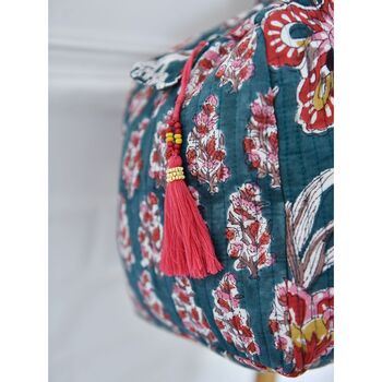 Block Printed Pine Green, Red And Mustard Floral Quilted Duffle Bag, 8 of 9