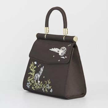 Wolf And Moon Embroidered Charcoal Satin Tote, 3 of 7