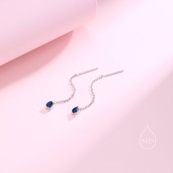 Tiny Sapphire Blue Droplet Bezel Cz Threader Earrings, 4 of 9