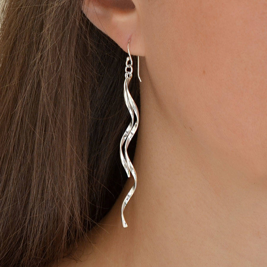 Sterling Silver Dangly Double Twisting Ribbon Earrings, 1 of 4