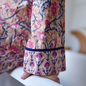Block Printed Apricot, Navy And Persian Red Floral Cotton Pyjamas, 5 of 6