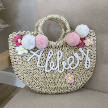 Personalised Ada Pom Pom Straw Basket Bag, 3 of 5