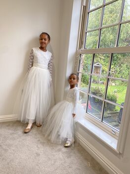 Long Sleeve Lace Flower Girl Dress – Heart Back Tulle Dress For Communion And Christening UK Handmade, 5 of 9