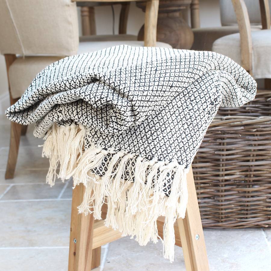 black and cream woven cotton throw by marquis & dawe