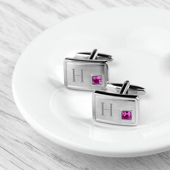 Engraved Rhodium Plated Birthstone Crystal Cufflink Set, 3 of 12
