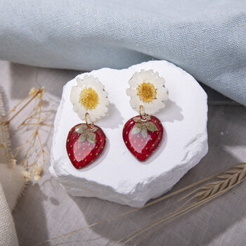 Strawberry And Daisy Pressed Flower Resin Earrings, 4 of 4