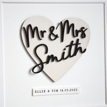Mr And Mrs Wooden Heart Personalised Wedding Print, 2 of 4