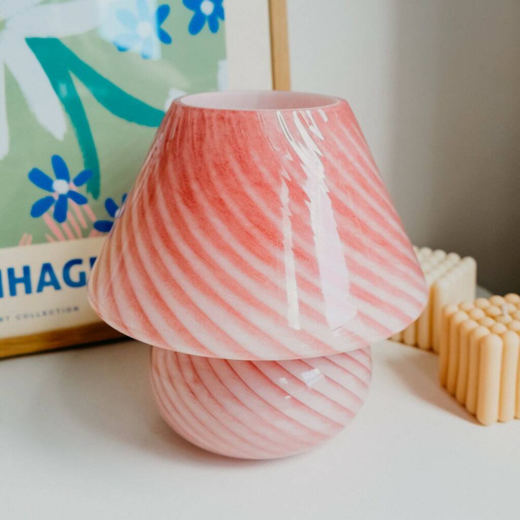 Pink Murano 70s Style Mushroom Stripe Glass Table Lamp, 1 of 5