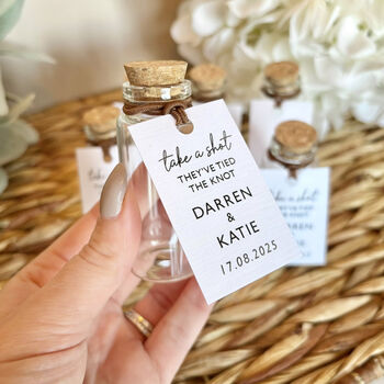 Take A Shot They've Tied The Knot Wedding Favours Personalised Shot Bottle, 3 of 9