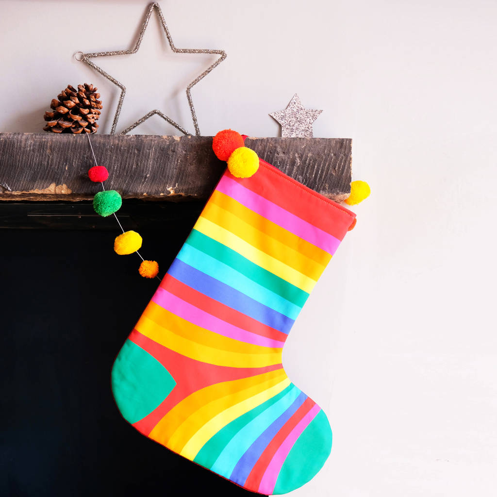 Personalised Christmas Stocking Pom Pom Rainbow Stripe, 1 of 5