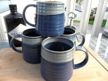 Set Of Four Reactive Glaze Brûlée Mugs In Denim, 3 of 8